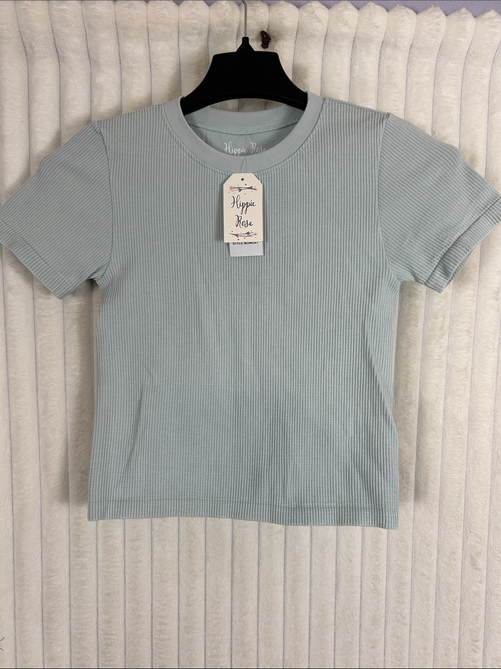 NWT Hippie Rose Moment baby blue Short Sleeve Ribbed stretch crop fitted tee L